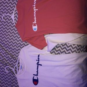 short sleeve pink and long sleeve white champion shirts